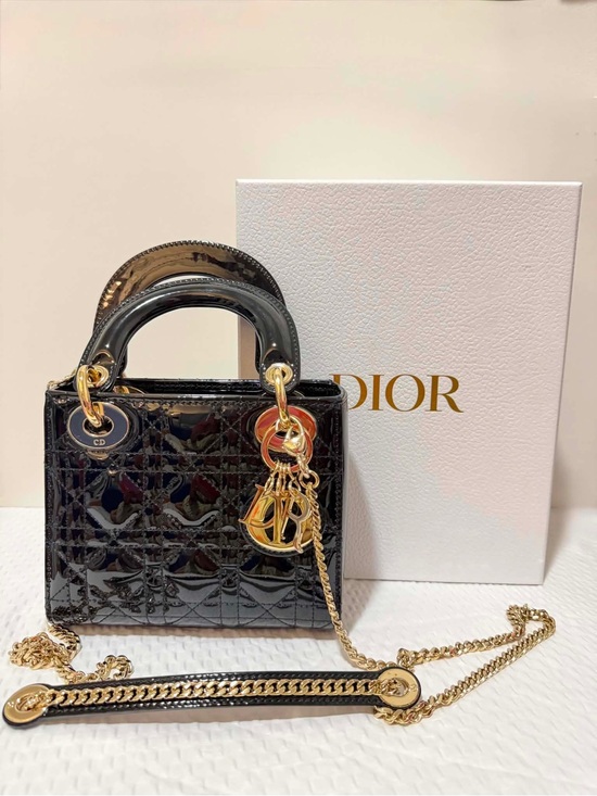 Dior Handbags - Dior Black Patent Lady Dior Mini Bag with Gold Hardware